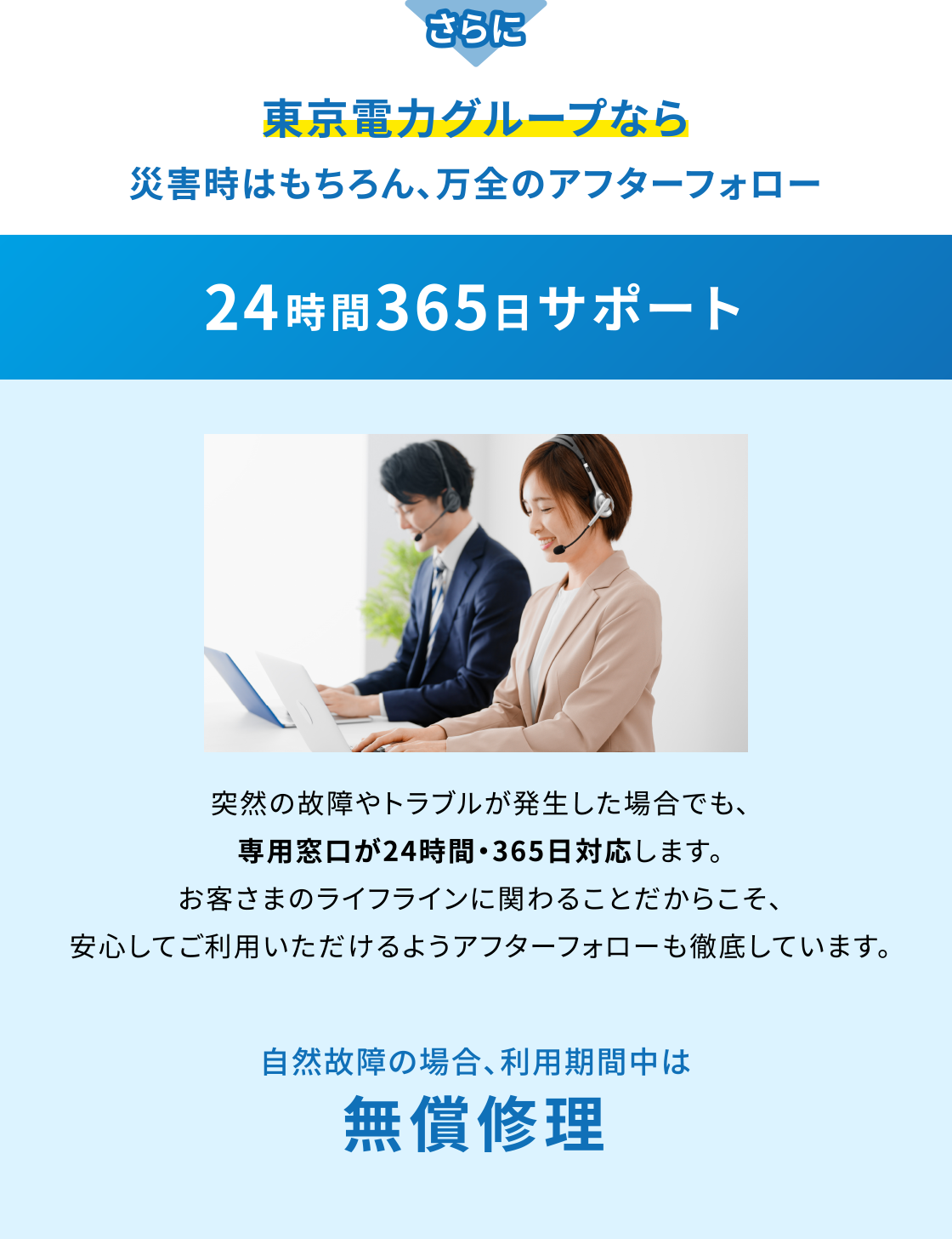 さらに東京電力グループなら災害時はもちろん、万全のアフターフォロー24時間365日サポート 突然の故障やトラブルが発生した場合でも、専用窓口が24時間・365日対応します。お客さまのライフラインに関わることだからこそ、安心してご利用いただけるようアフターフォローも徹底しています。 自然故障の場合、利用期間中は無償修理